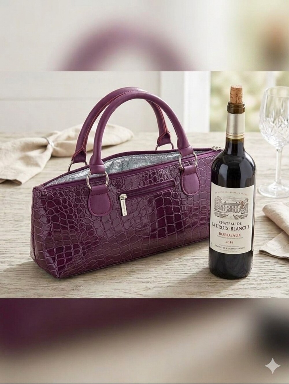 Primeware Insulated Wine Clutch Purple Faux Croc NWT w/ Corkscrew